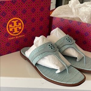 Tory Burch Light Blue Croc-Embossed Sandals